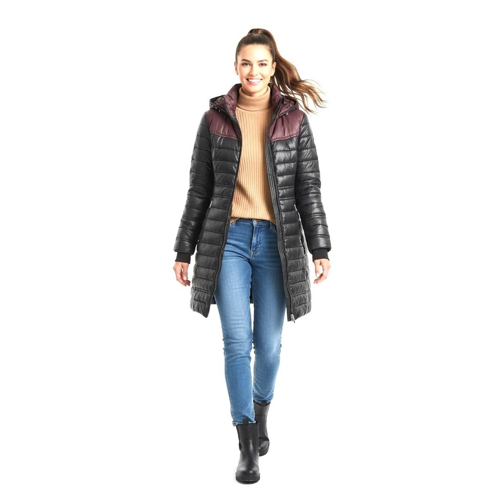 Marc New York Andrew Marc Black Quilted Puffer Coat Jacket L Burgundy Hood EUC